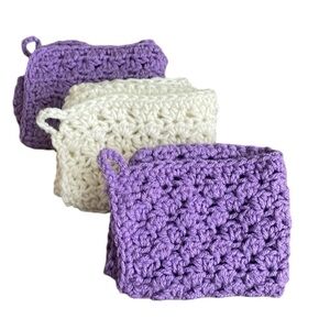 Handcrafted Wash Cloths Set 3 Solid Purple White Yarn Crochet Kitchen Bath